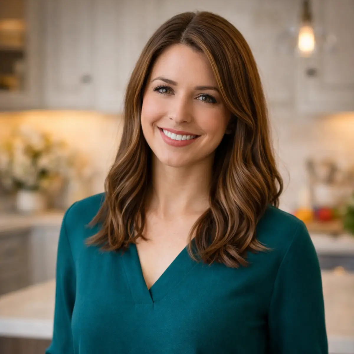Emily Carter food blogger smiling in a modern kitchen at EasyDishLab