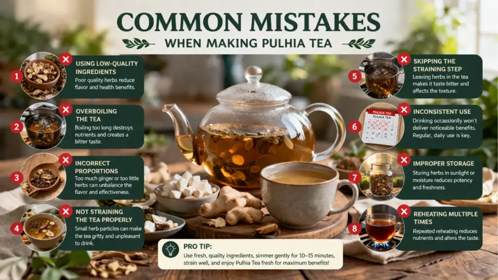 Common mistakes when making Pulhia Tea infographic showing recipe errors and tips