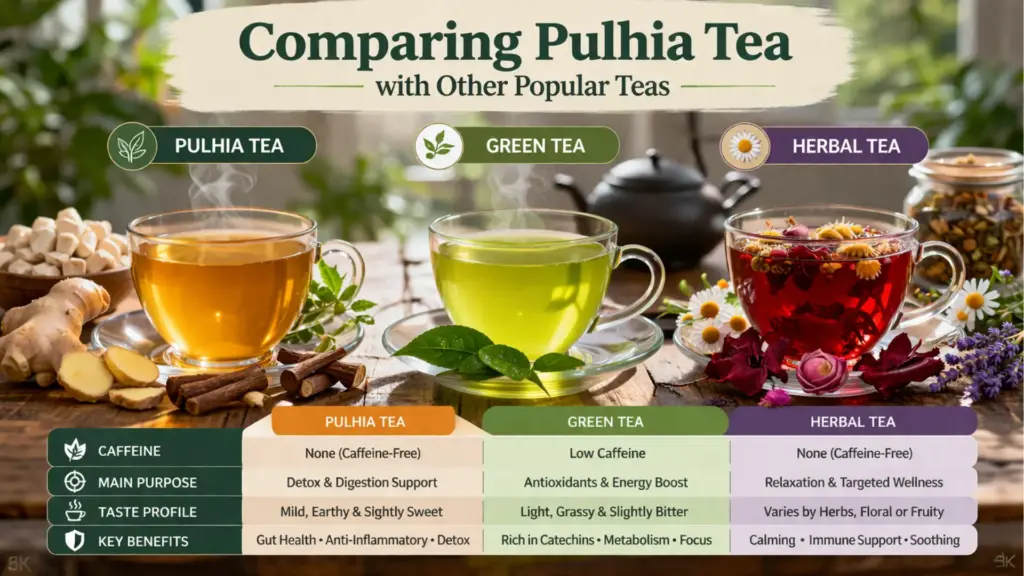Pulhia Tea vs green tea vs herbal tea comparison showing benefits and differences