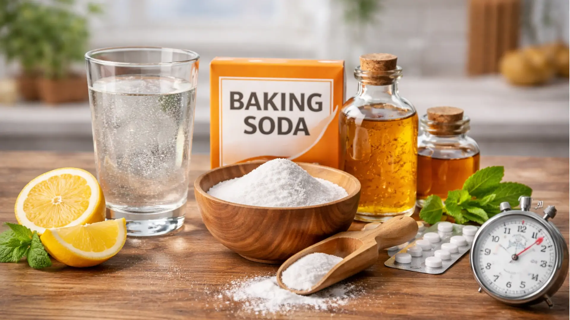 baking soda trick recipe drink with lemon water and apple cider vinegar ingredients