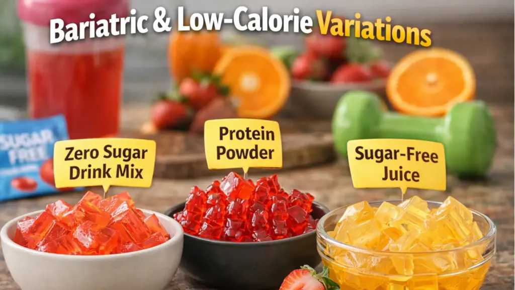 Bariatric and low calorie gelatin variations made with sugar free juice and protein powder