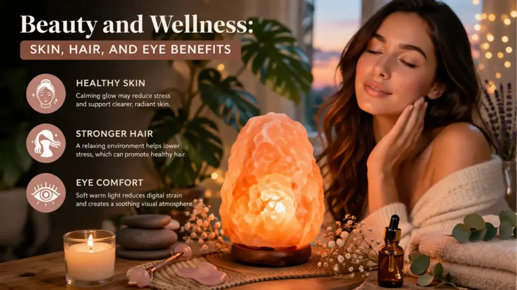 Himalayan salt lamp benefits for skin hair and eye wellness in a relaxing home environment