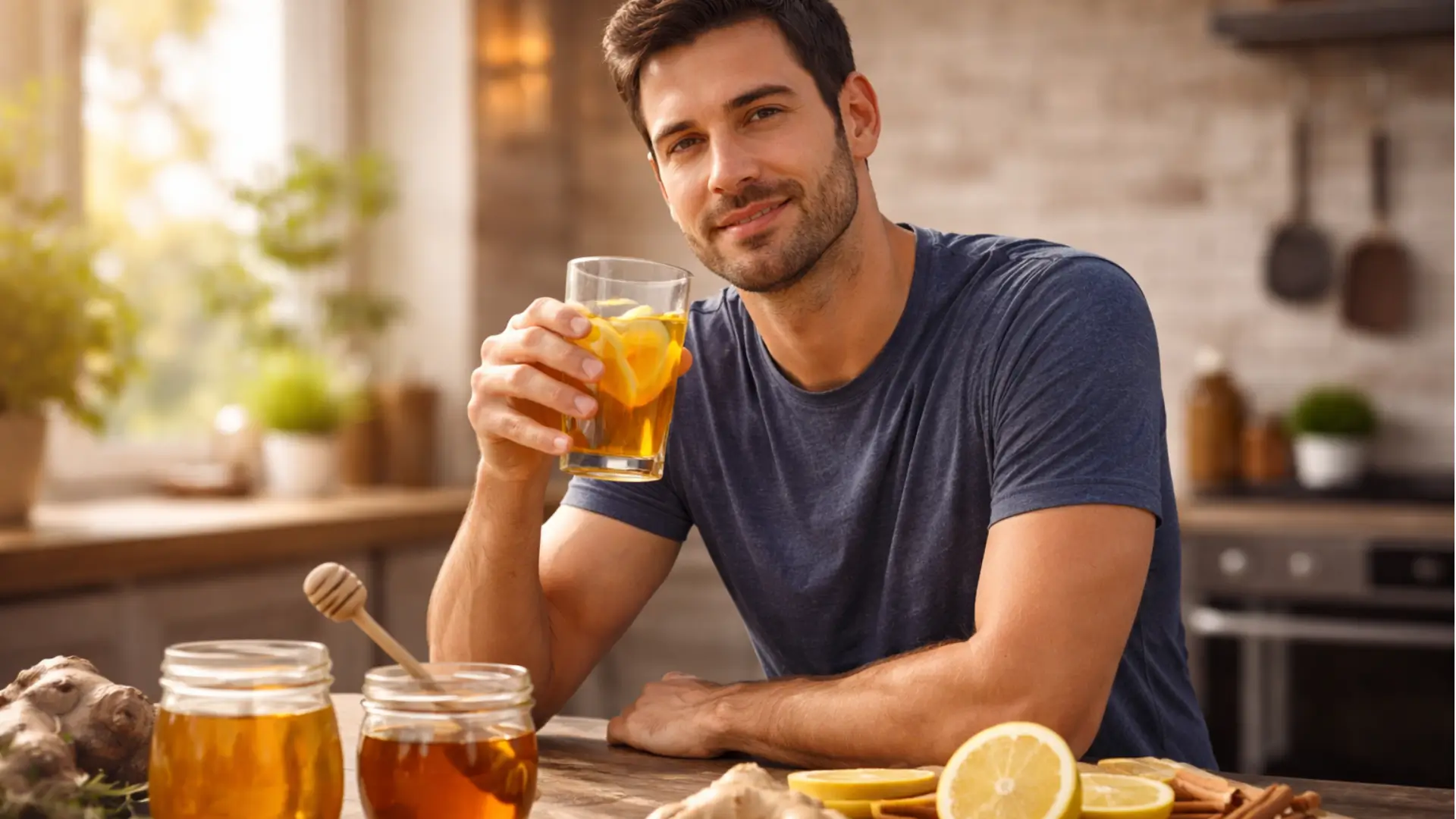 honey trick for men recipe drink with lemon ginger and raw honey in kitchen