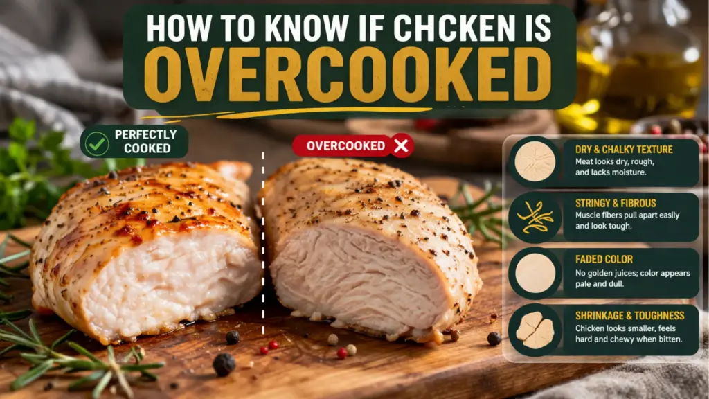 how to know if chicken is overcooked showing dry texture and color difference