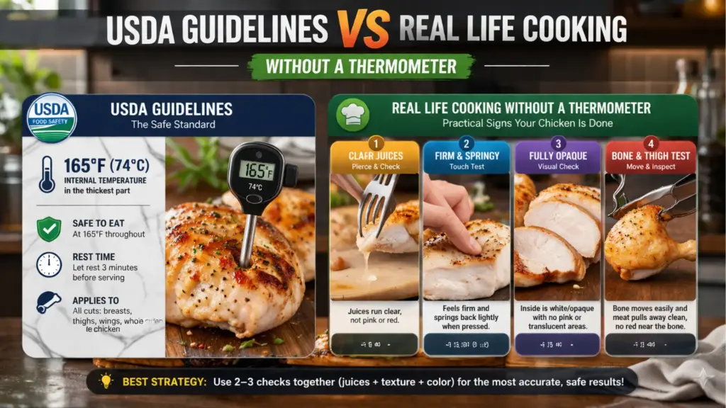 how to tell if chicken is done without thermometer using USDA guidelines vs real life cooking methods