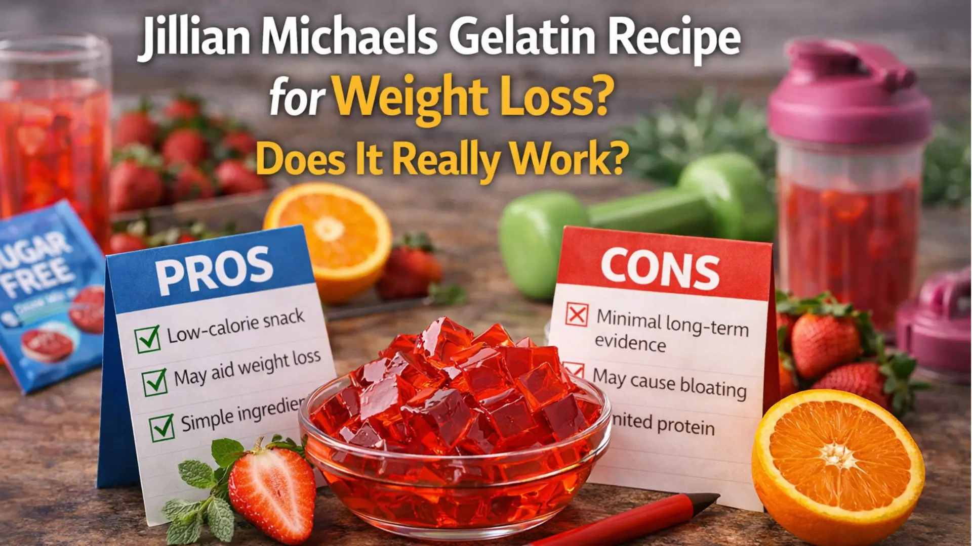 Jillian Michaels gelatin recipe for weight loss showing gelatin cubes with pros and cons comparison