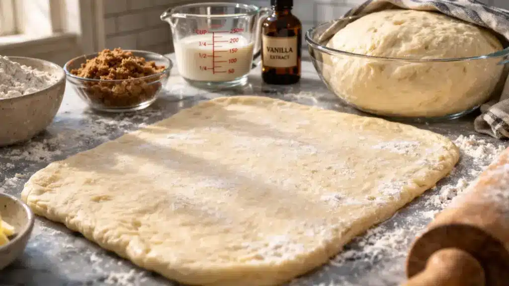 Preparing dough for soft cinnamon rolls using the marian.designerstouch cinnamon roll hack recipe with flour, butter, and rolled dough base