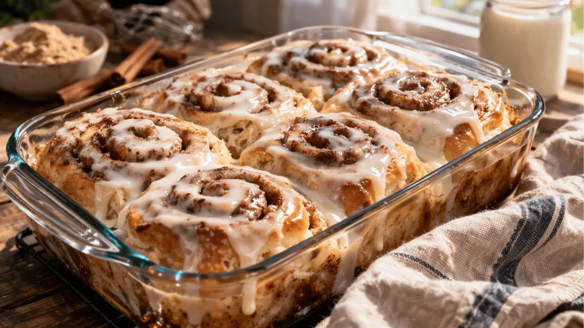 marian.designerstouch cinnamon roll hack recipe showing soft gooey cinnamon rolls with creamy icing in baking dish