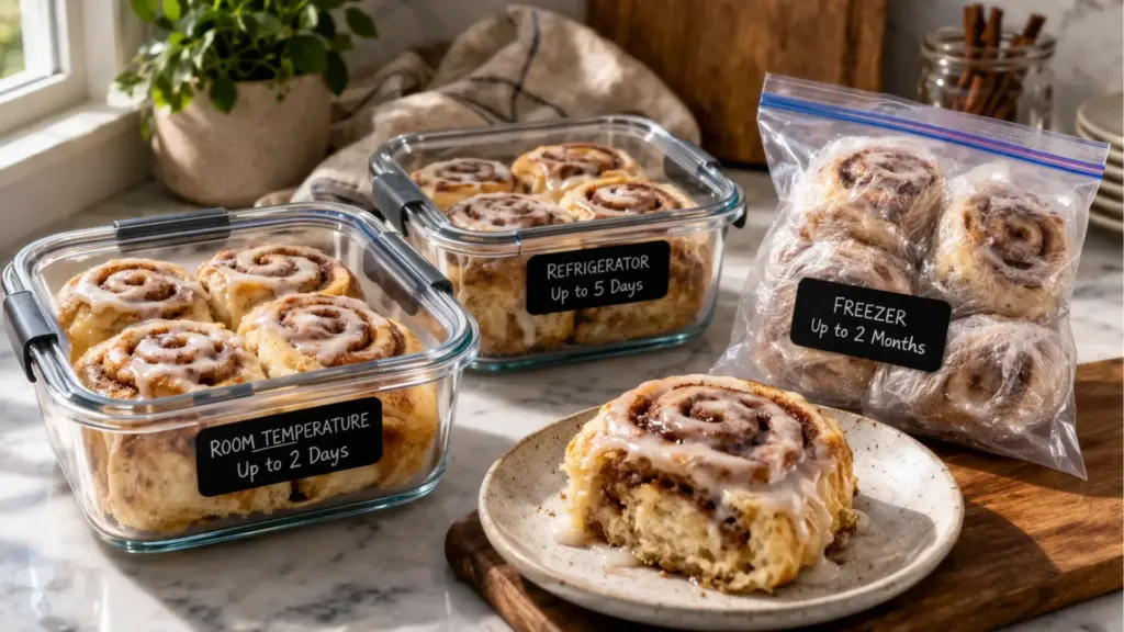 marian.designerstouch cinnamon roll hack recipe showing how to store cinnamon rolls in airtight containers fridge and freezer
