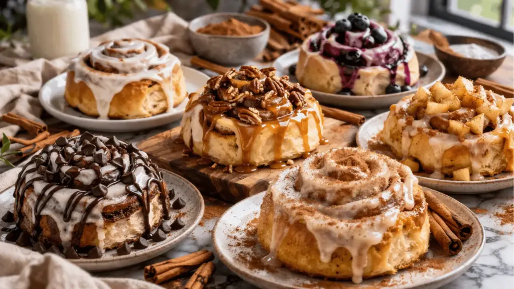 marian.designerstouch cinnamon roll hack recipe variations with chocolate caramel apple and blueberry toppings