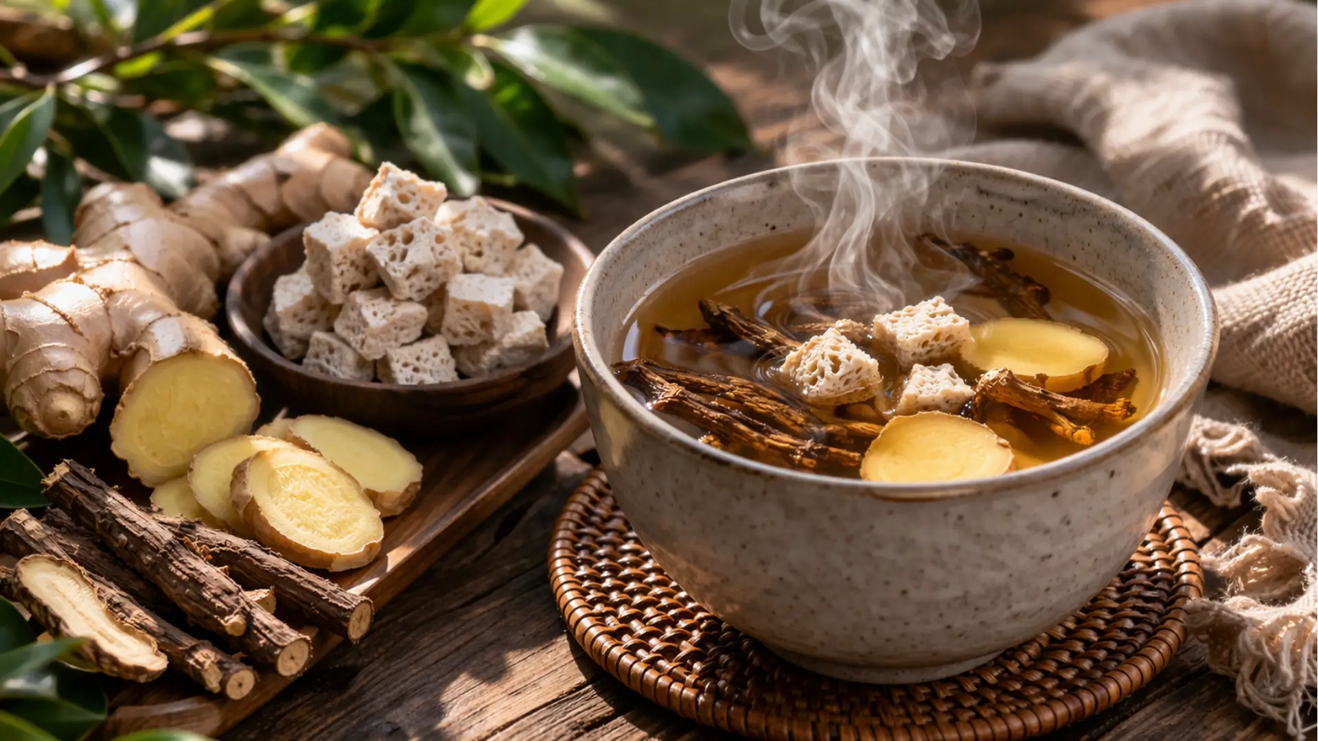 Pulhia tea recipe with natural ingredients ginger poria herbal drink