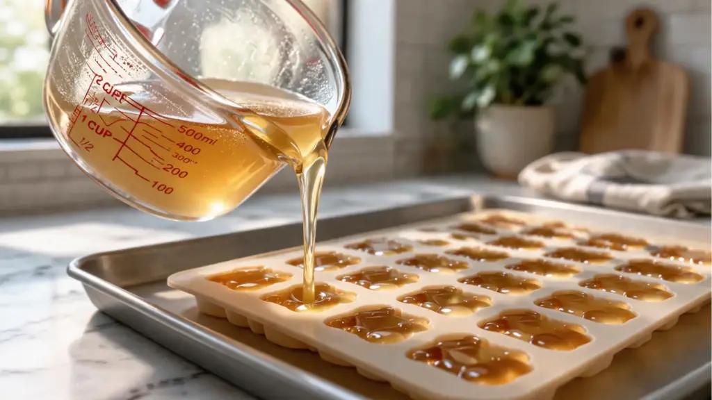 Chef pouring smooth apple cider vinegar gelatin mixture into silicone molds for homemade gummies in a modern kitchen