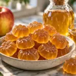 Homemade apple cider vinegar gelatin gummies with honey and fresh apples in a bright kitchen setting