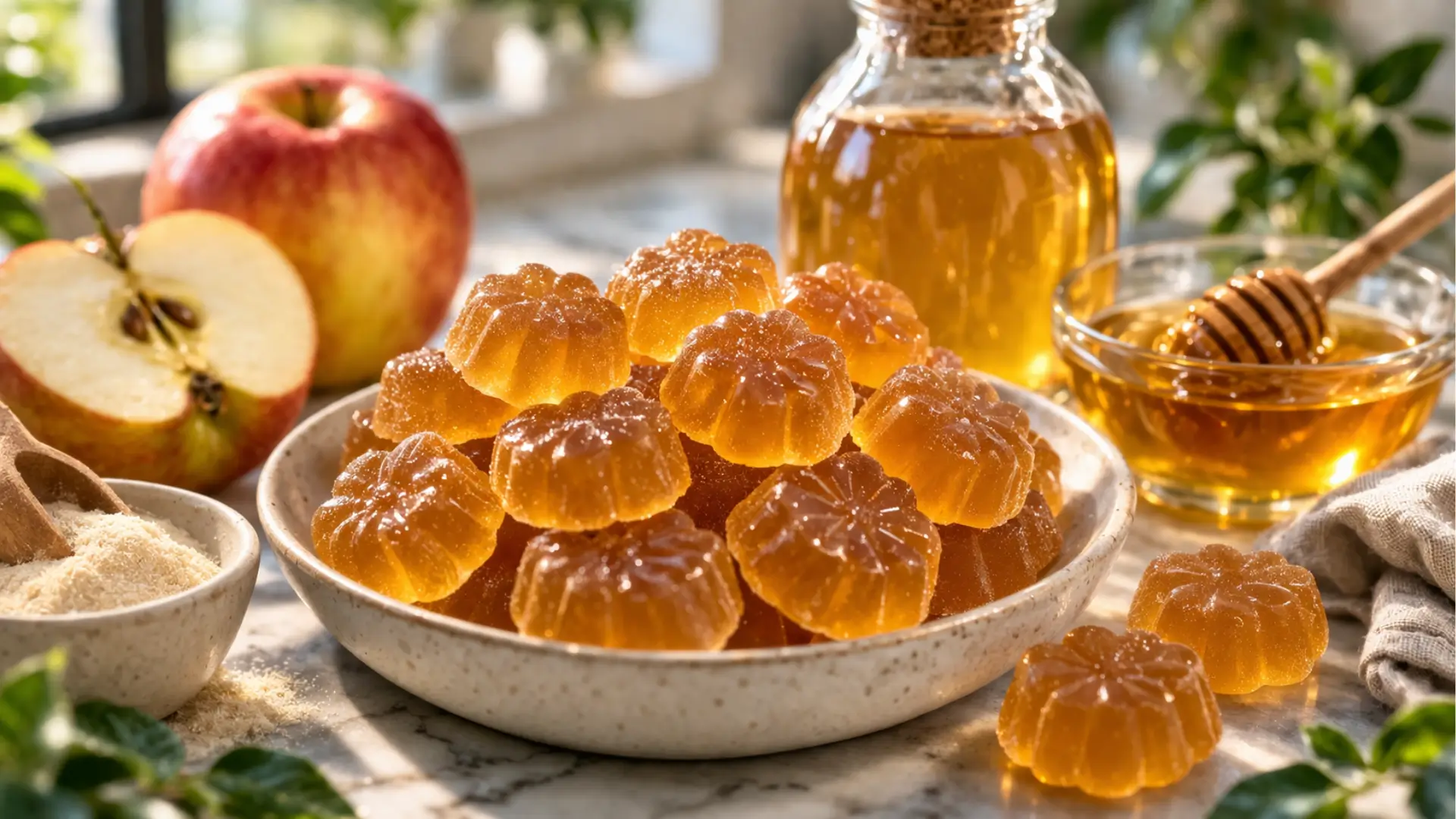 Homemade apple cider vinegar gelatin gummies with honey and fresh apples in a bright kitchen setting