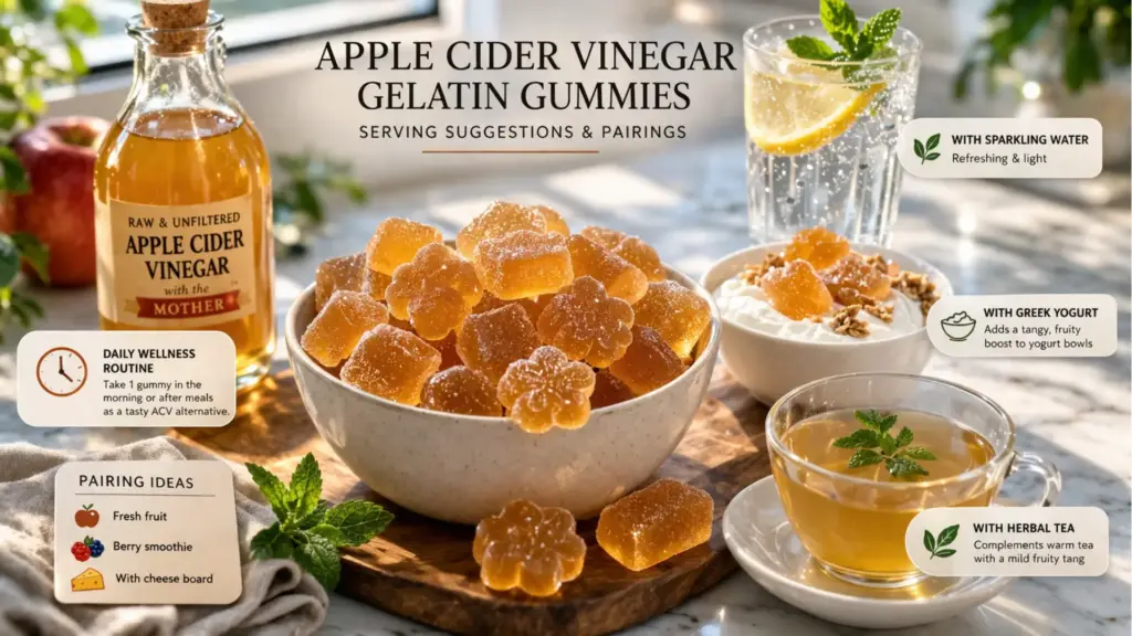 Apple cider vinegar gelatin gummies served with herbal tea, yogurt, and sparkling water in a healthy snack pairing setup