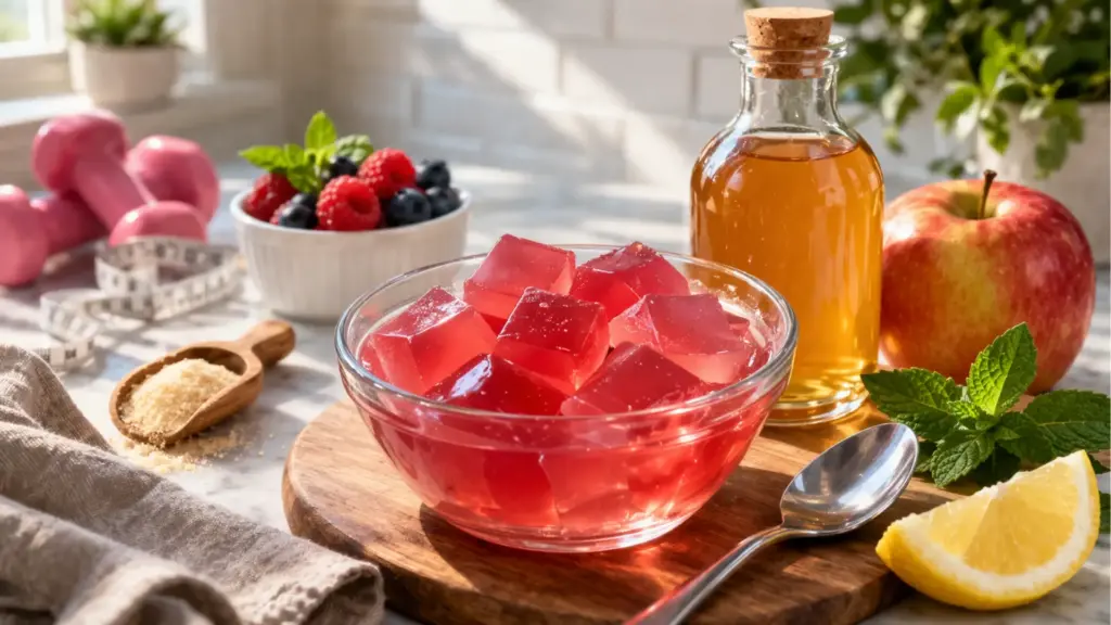 bariatric gelatin recipe with apple cider vinegar healthy weight loss snack in glass bowl