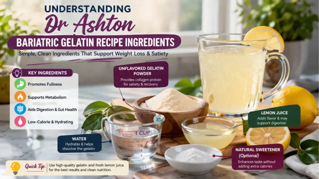 Dr Ashton bariatric gelatin recipe ingredients with lemon, gelatin powder and weight loss drink preparation